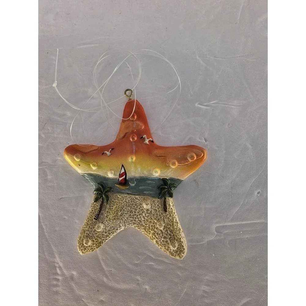 Hand Painted Tropical Starfish Beach Coastal Decor Sailboat Palm...